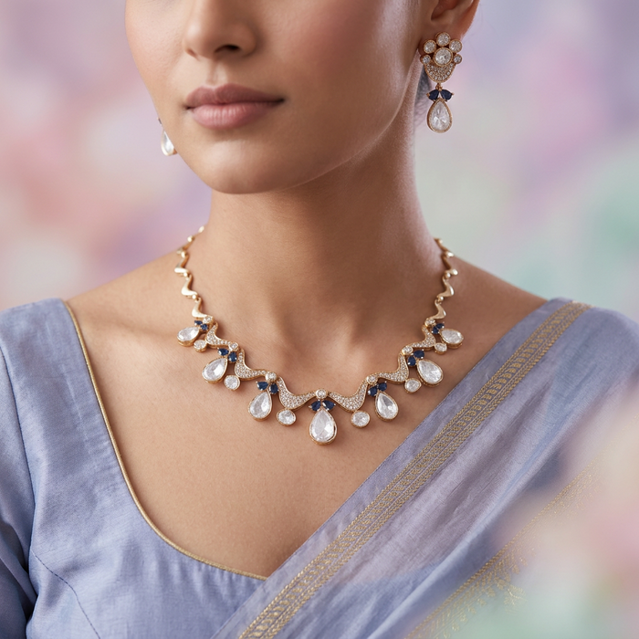 Kundan blue stone short necklace with earrings TB176