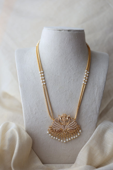 Heritage gold plated white stone padakam long necklace HP8993