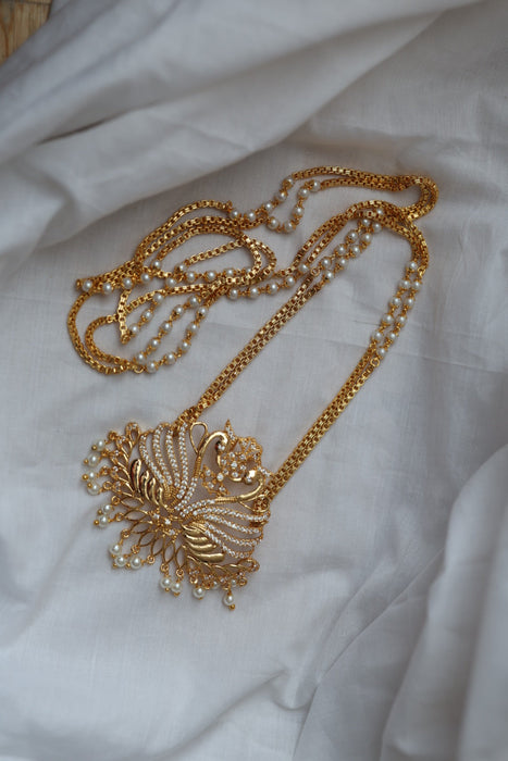 Heritage gold plated white stone padakam long necklace HP8993