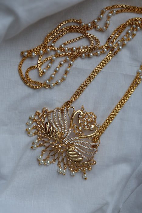 Heritage gold plated white stone padakam long necklace HP8993