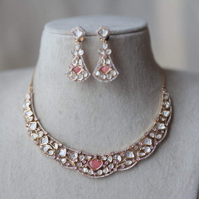 Kundan pink stone short necklace with earrings TP1761