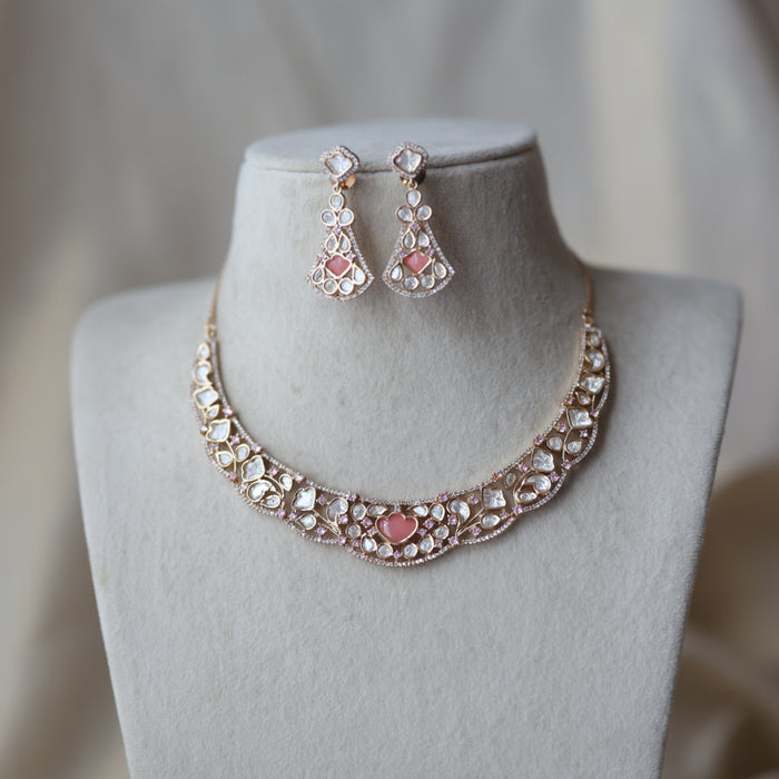 Kundan pink stone short necklace with earrings TP1761