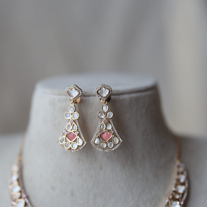 Kundan pink stone short necklace with earrings TP1761