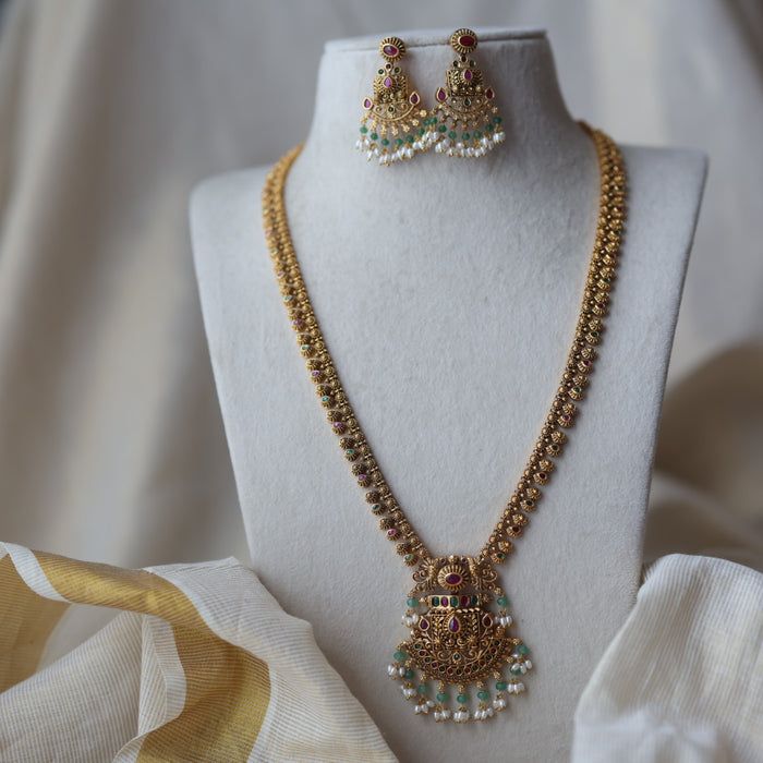 Antique green stone mango long necklace with earrings AG1207