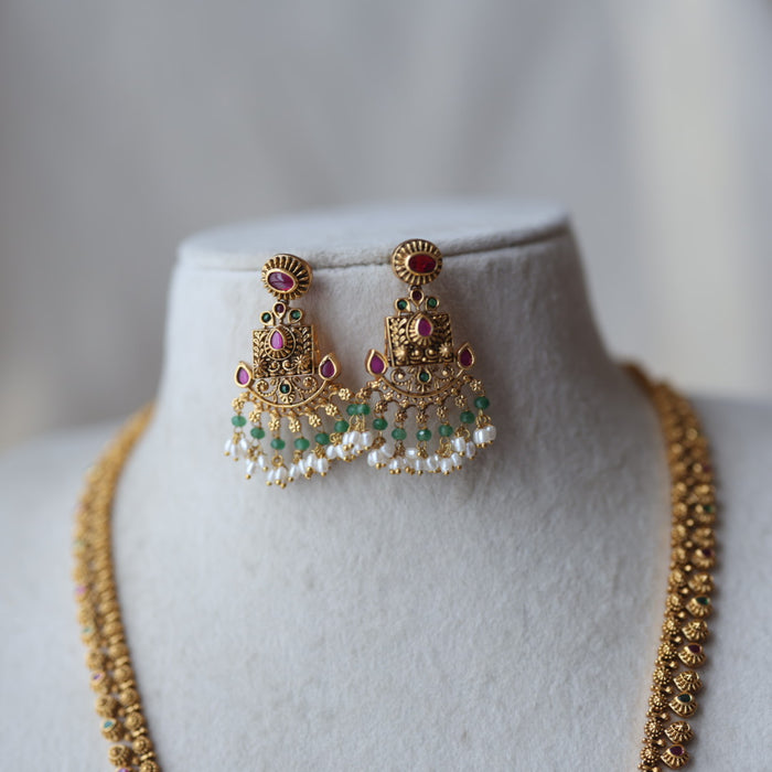 Antique green stone mango long necklace with earrings AG1207
