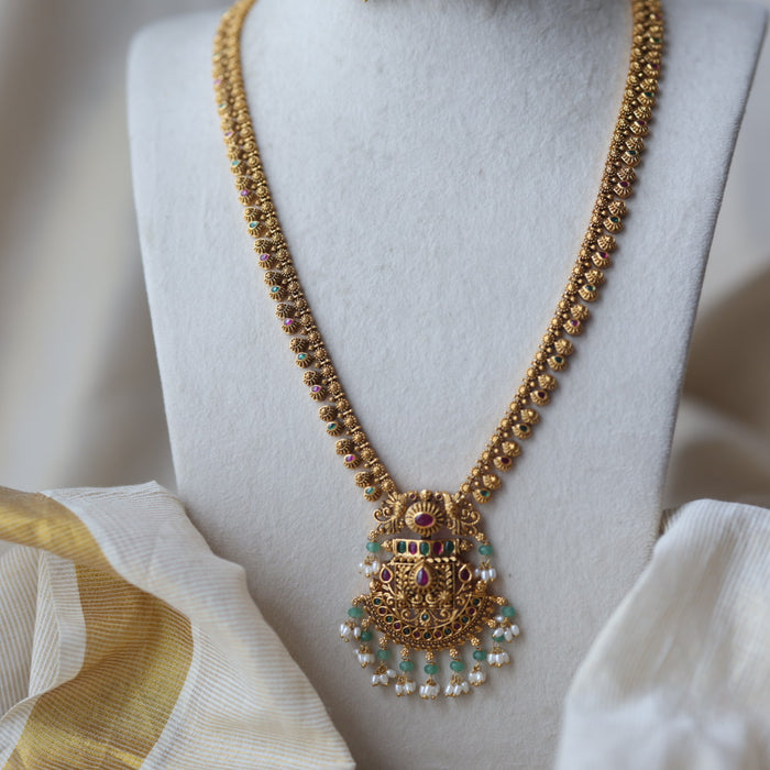 Antique green stone mango long necklace with earrings AG1207