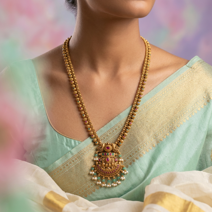 Antique green stone mango long necklace with earrings AG1207