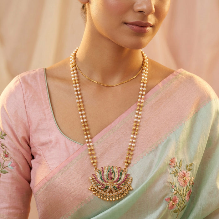 Heritage gold plated multi stone padakam long necklace H7891
