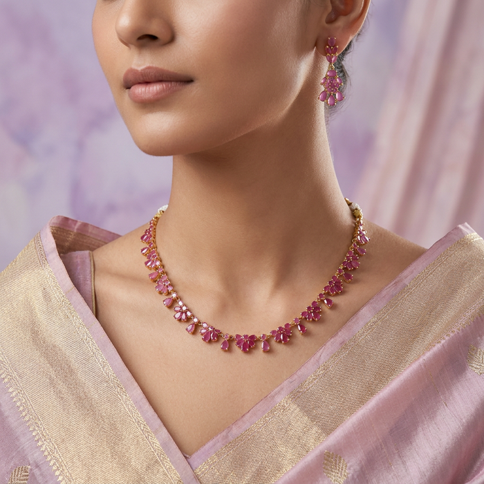 Heritage gold plated ruby short necklace with earrings RUB221