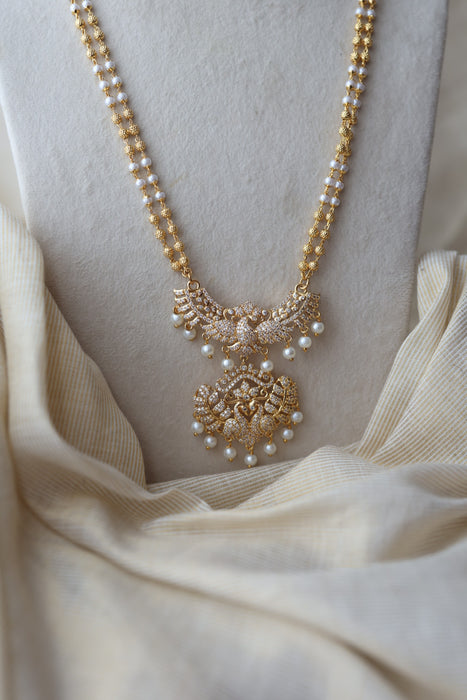 Heritage gold plated white stone padakam long necklace HP7934