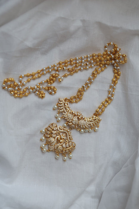 Heritage gold plated white stone padakam long necklace HP7934