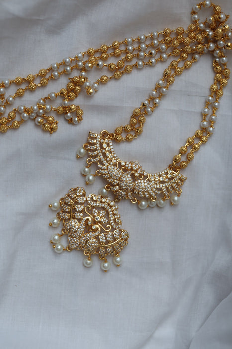 Heritage gold plated white stone padakam long necklace HP7934