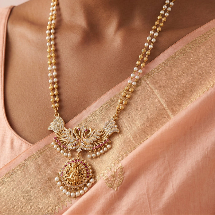 Heritage gold plated ruby white stone padakam long necklace HP844