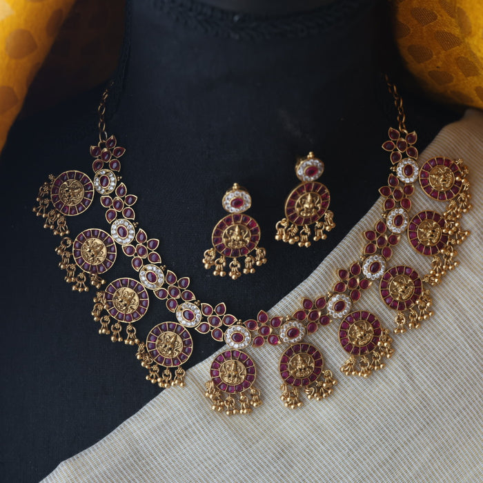 Antique coin ruby short necklace with earrings SS11017
