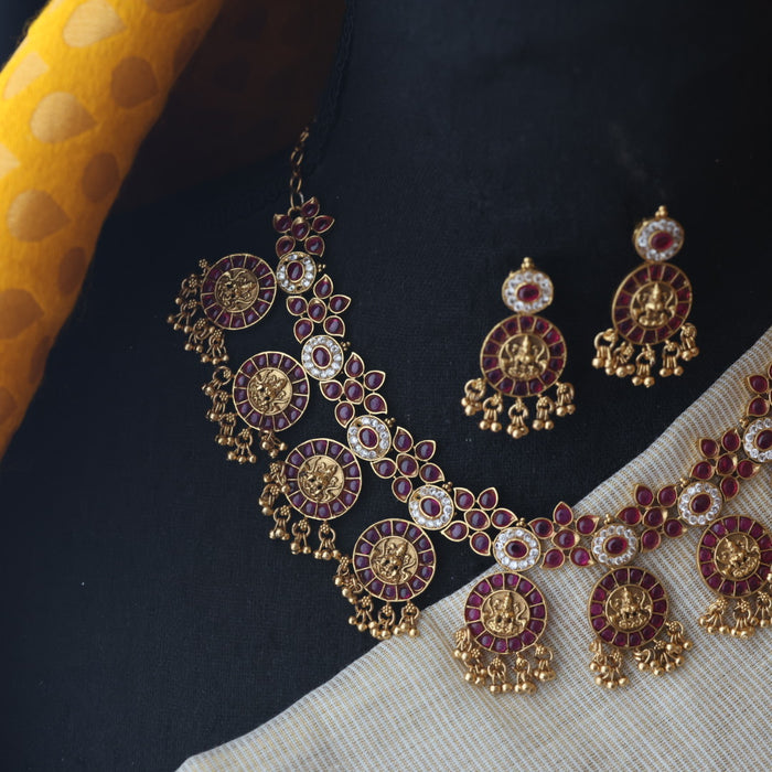 Antique coin ruby short necklace with earrings SS11017