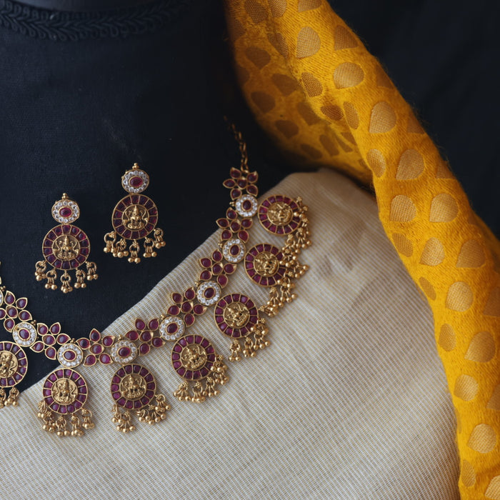 Antique coin ruby short necklace with earrings SS11017