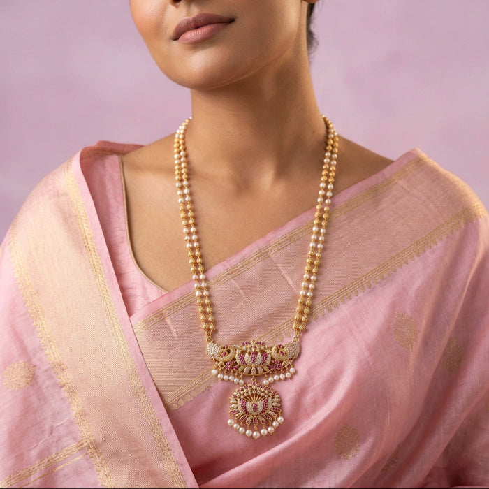Heritage gold plated ruby white stone padakam long necklace HP1783