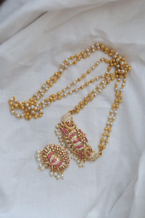 Heritage gold plated ruby white stone padakam long necklace HP1783