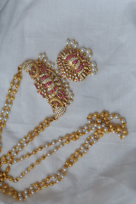 Heritage gold plated ruby white stone padakam long necklace HP1783