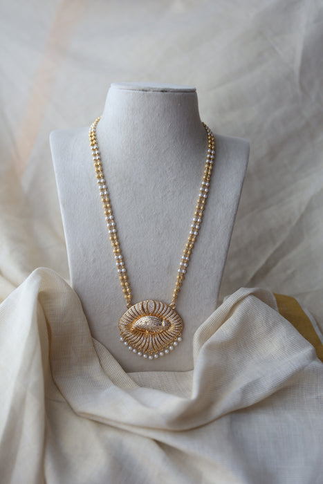 Heritage gold plated ruby white stone padakam long necklace HP8023