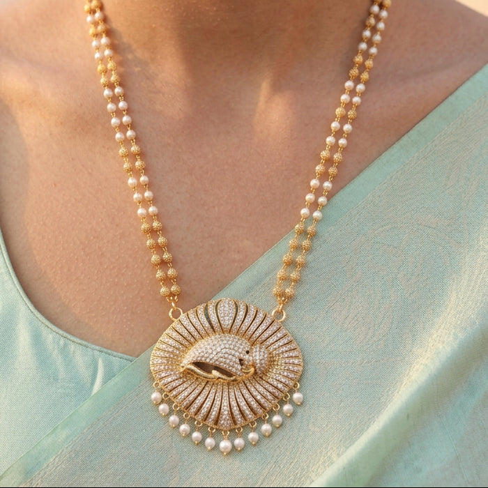 Heritage gold plated white stone padakam long necklace HP8023