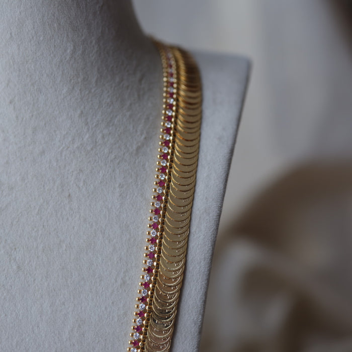Heritage gold plated ruby white stone coin long necklace HL9211