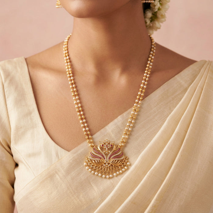 Heritage gold plated ruby white stone padakam long necklace HP559