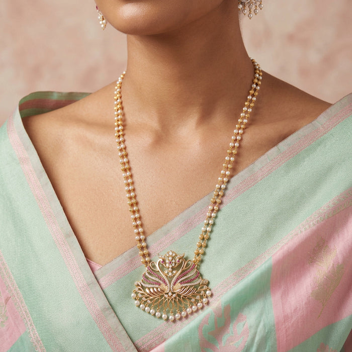 Heritage gold plated ruby white stone padakam long necklace HP559