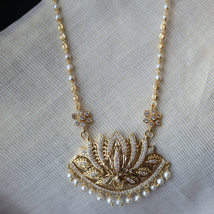 Heritage gold plated white stone long padakam necklace HP5643