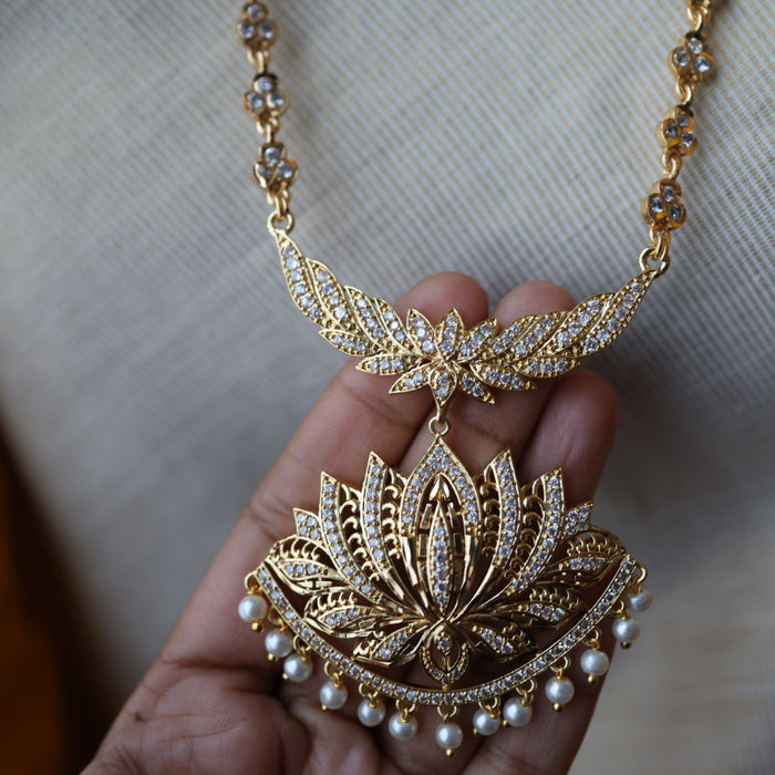 Heritage gold plated white stone long padakam necklace HP1116