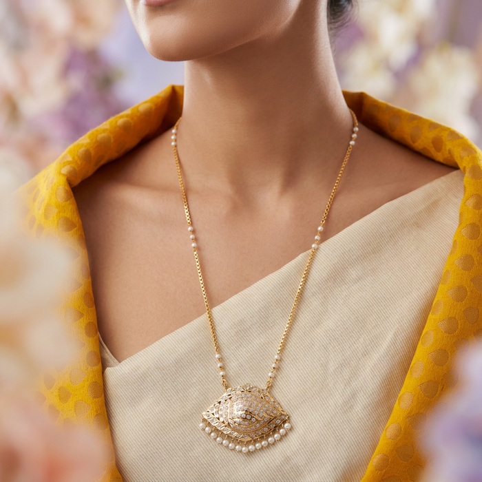 Heritage gold plated white stone long padakam necklace HP2233