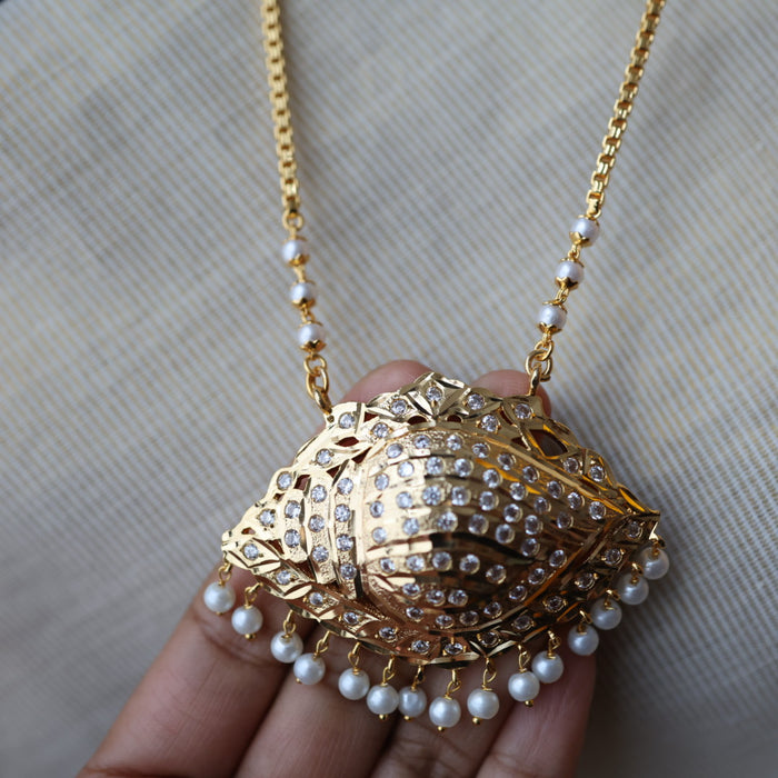 Heritage gold plated white stone long padakam necklace HP2233