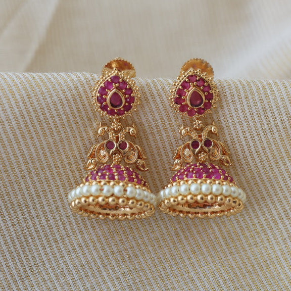 Heritage gold plated ruby stone jumka earrings HJ566