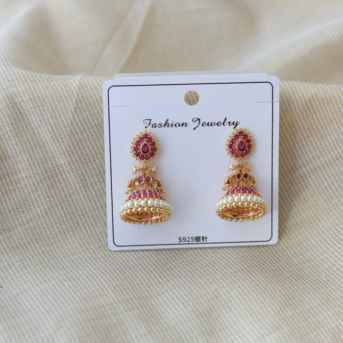 Heritage gold plated ruby stone jumka earrings HJ566
