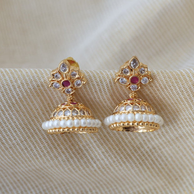 Heritage gold plated ruby white stone jumka earrings HJ566
