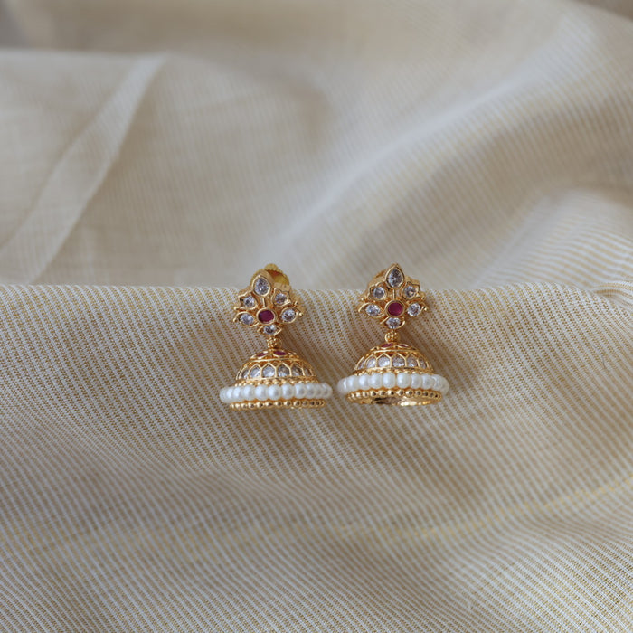 Heritage gold plated ruby white stone jumka earrings HJ566