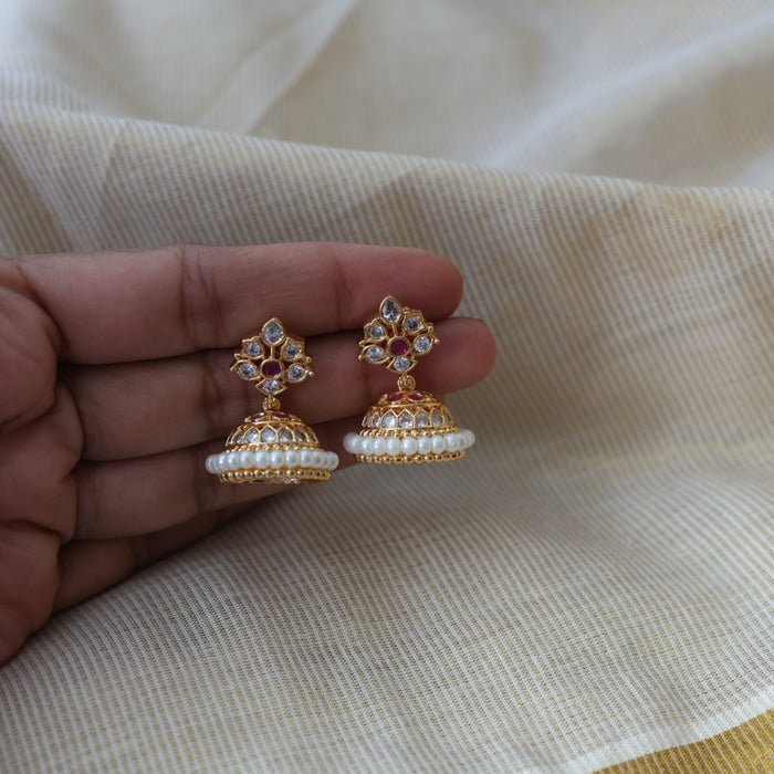 Heritage gold plated ruby white stone jumka earrings HJ566