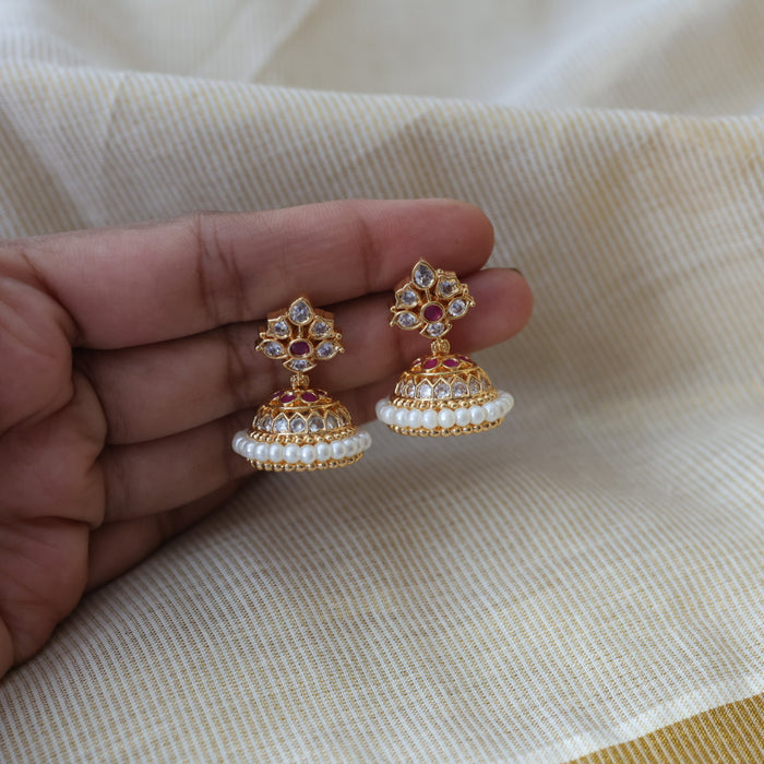 Heritage gold plated ruby white stone jumka earrings HJ566