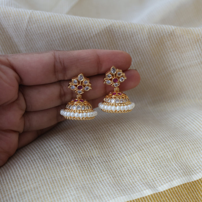 Heritage gold plated ruby white stone jumka earrings HJ566