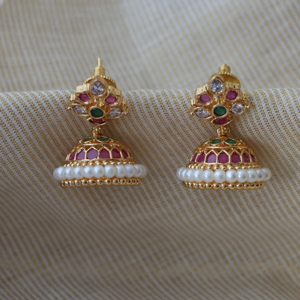 Heritage gold plated ruby green stone jumka earrings HJ521