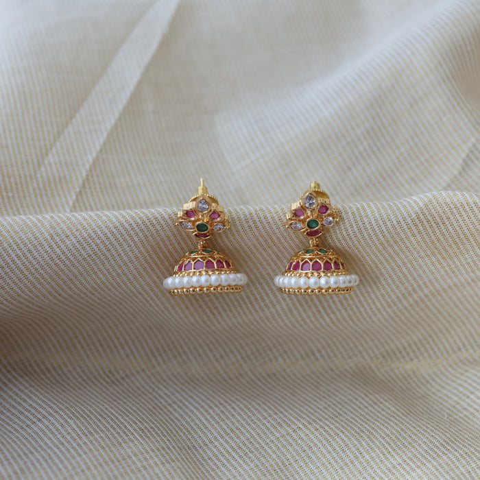 Heritage gold plated ruby green stone jumka earrings HJ521