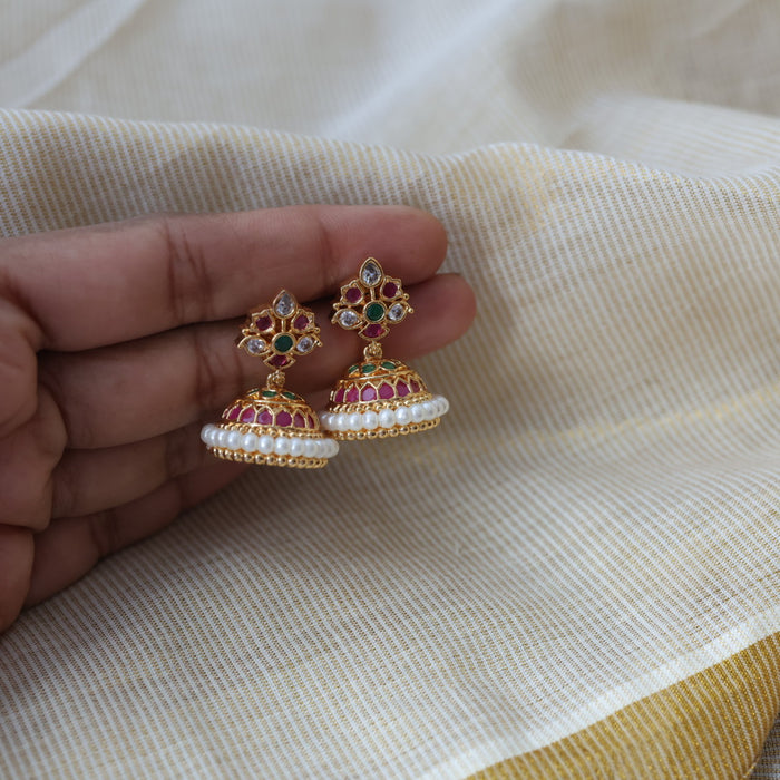 Heritage gold plated ruby green stone jumka earrings HJ521