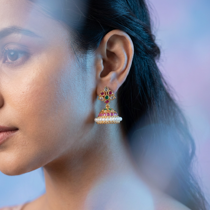 Heritage gold plated ruby green stone jumka earrings HJ521