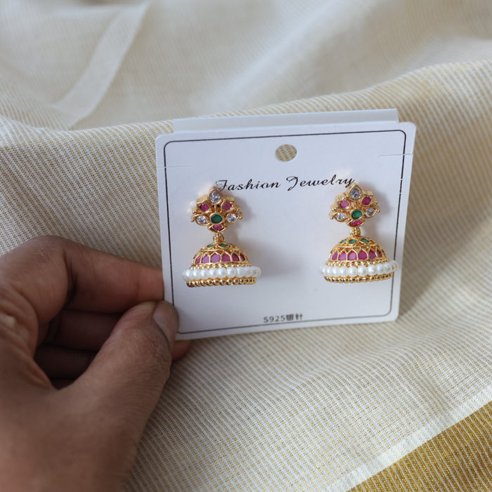 Heritage gold plated ruby green stone jumka earrings HJ521
