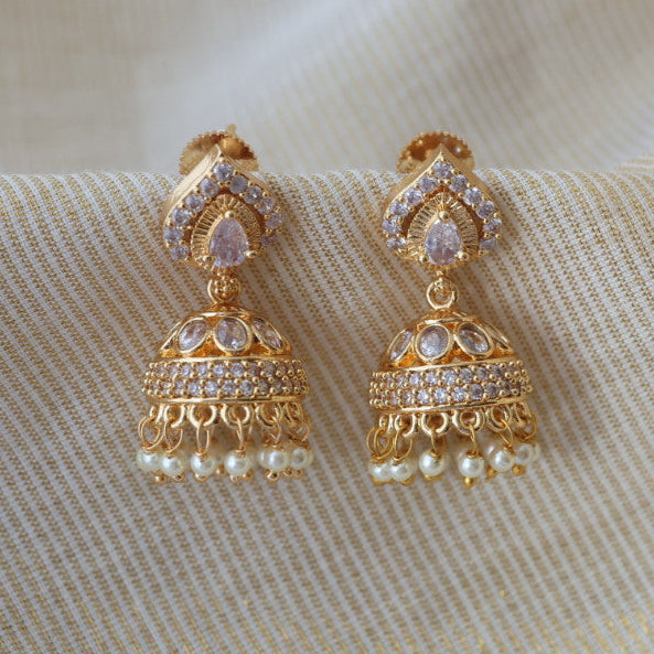 Heritage gold plated white stone jumka earrings HJ800