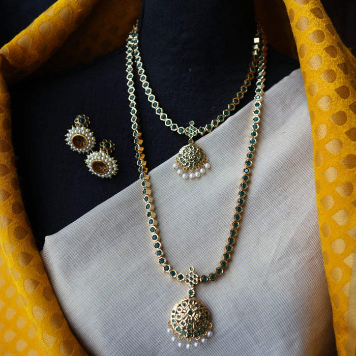 Heritge gold plated green stone long and short necklave with jumka HPS3211