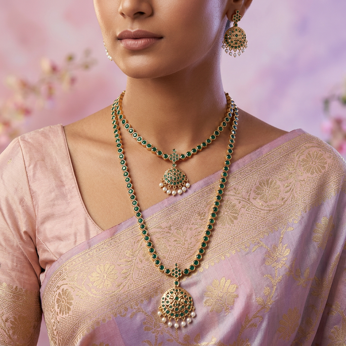 Heritge gold plated green stone long and short necklave with jumka HPS3211