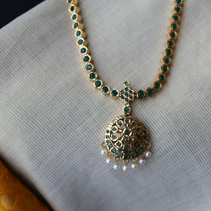 Heritge gold plated green stone long and short necklave with jumka HPS3211