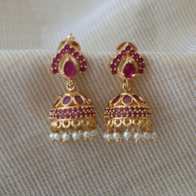 Heritage gold plated ruby stone jumka earrings HJ582