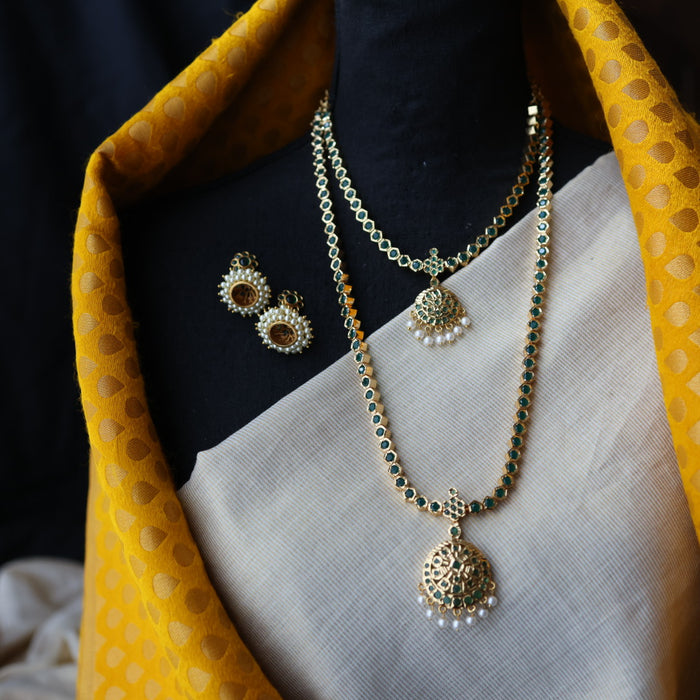 Heritge gold plated green stone long and short necklave with jumka HPS3211